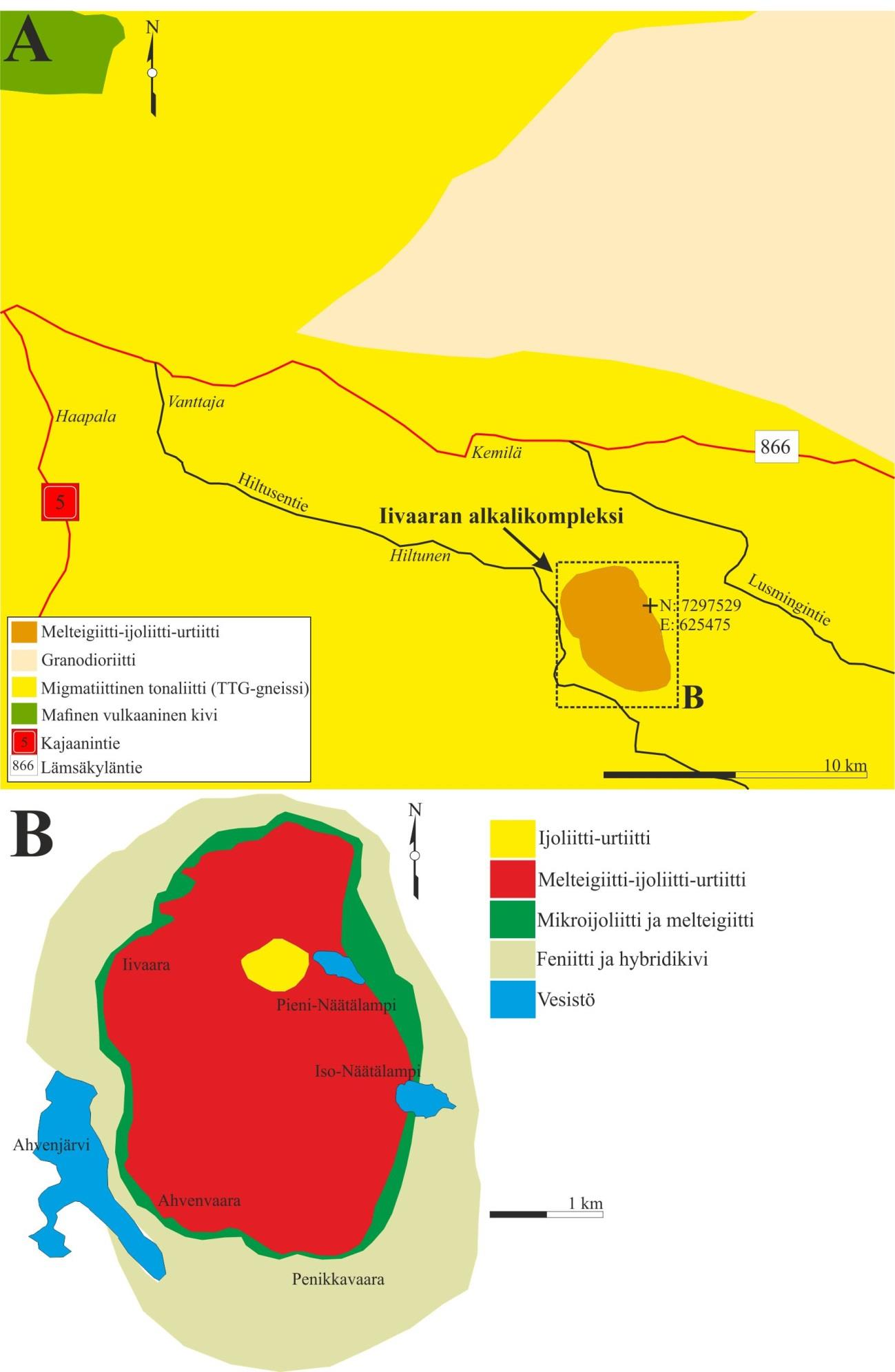Kuva 33. Iivaaran alkalikivikompleksin kallioperäkartat. A) Alueellinen.