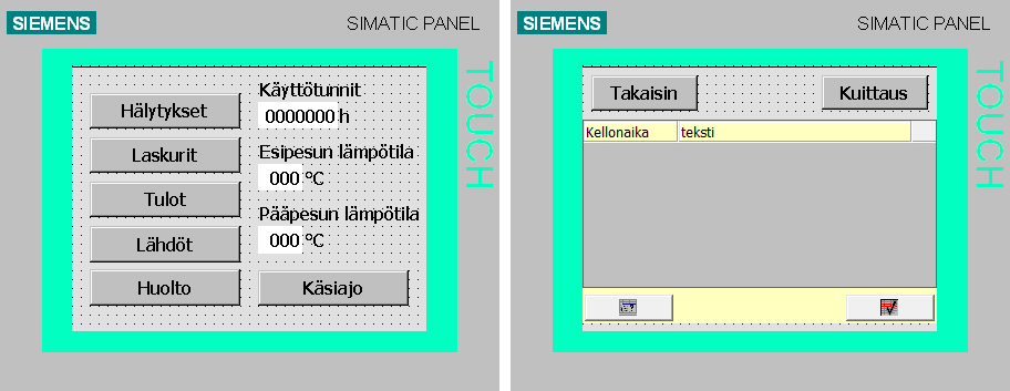 31 7.5 Käyttöliittymän suunnittelu Operointipaneeli ohjelmoitiin Simatic WinCC Flexible 2008 -ohjelmistolla.