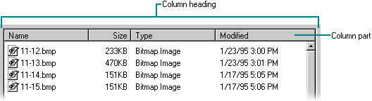 Macintosh: List View Listanäkymässä mukana puurakenne 30 Sarakeotsikkokontrolli: Windows Header Control, Column Heading Control
