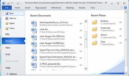 Word-tiedostojen MRU Word 2010 Word 2003 66 Valikon mukautuminen: split-valikko