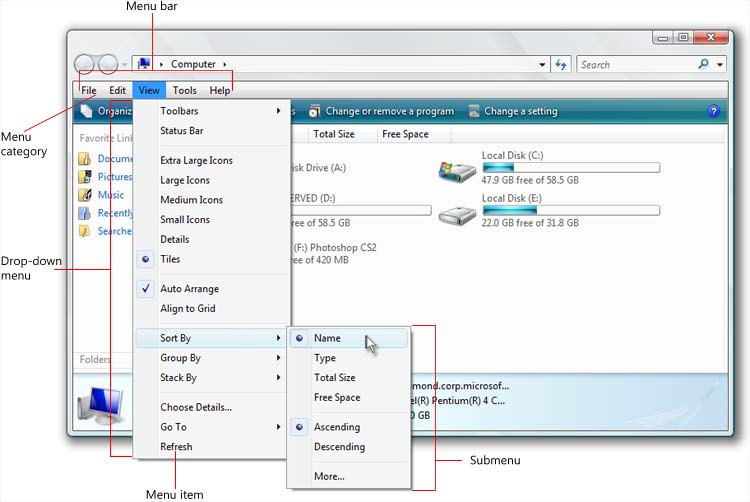 Windows 7 -valikkoja Työkalupalkissa: [UXGuide] Menu buttons, split buttons, 12 Valikkopalkin