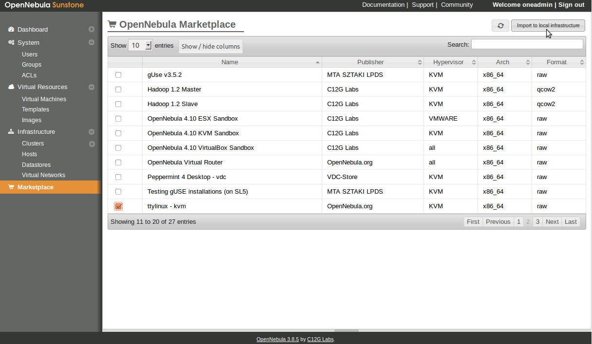 29 KUVA 11. Marketplace ttylinux kvm valittuna Marketplacesta löytyy monia käyttöjärjestelmiä (pääasiassa open sourcea) valmiina.