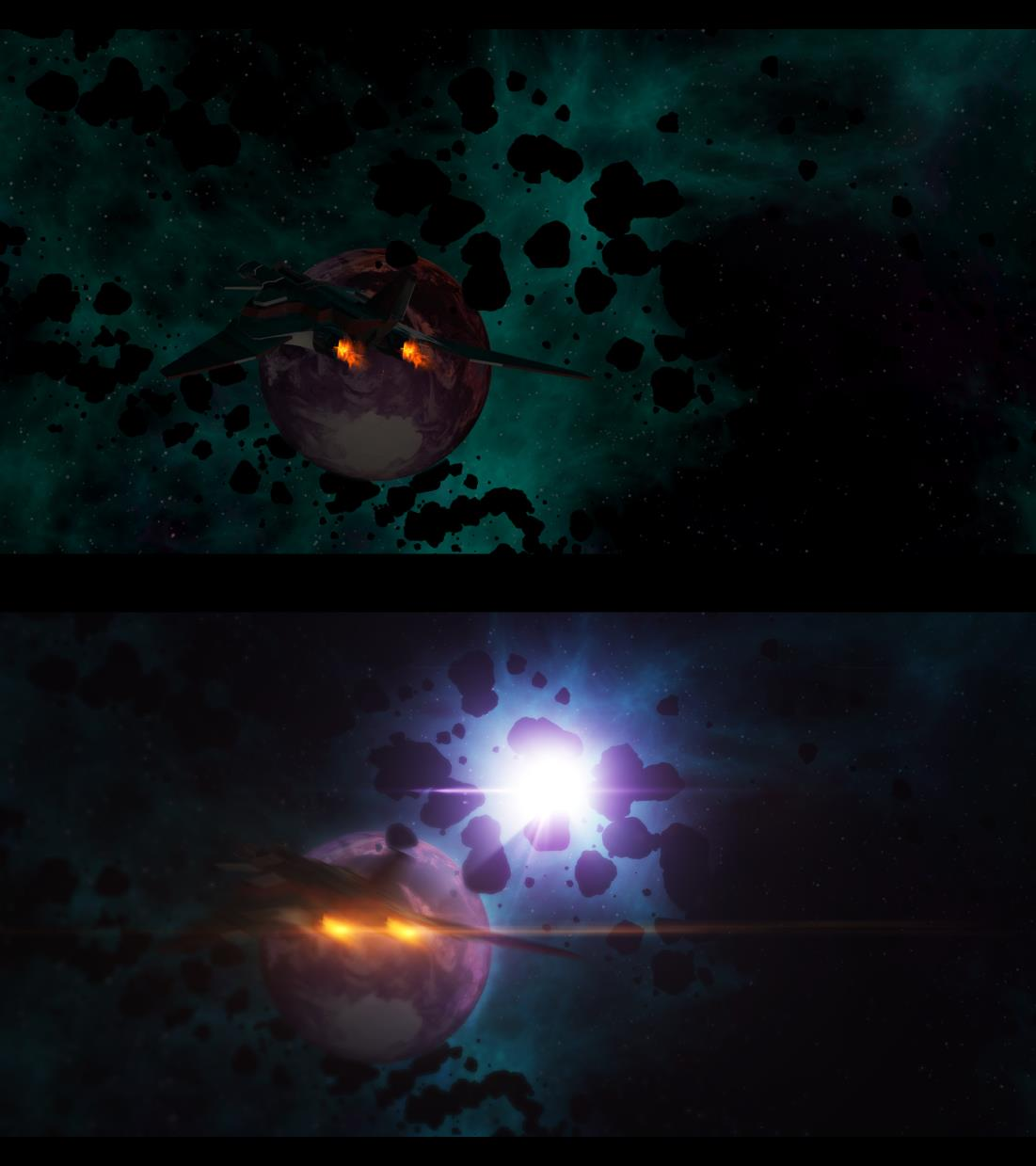 34 KUVA 19. Ylempänä Zeta Fighters-trailerin kompositoimaton avauskuva, jossa ainoastaan 3D-mallit.