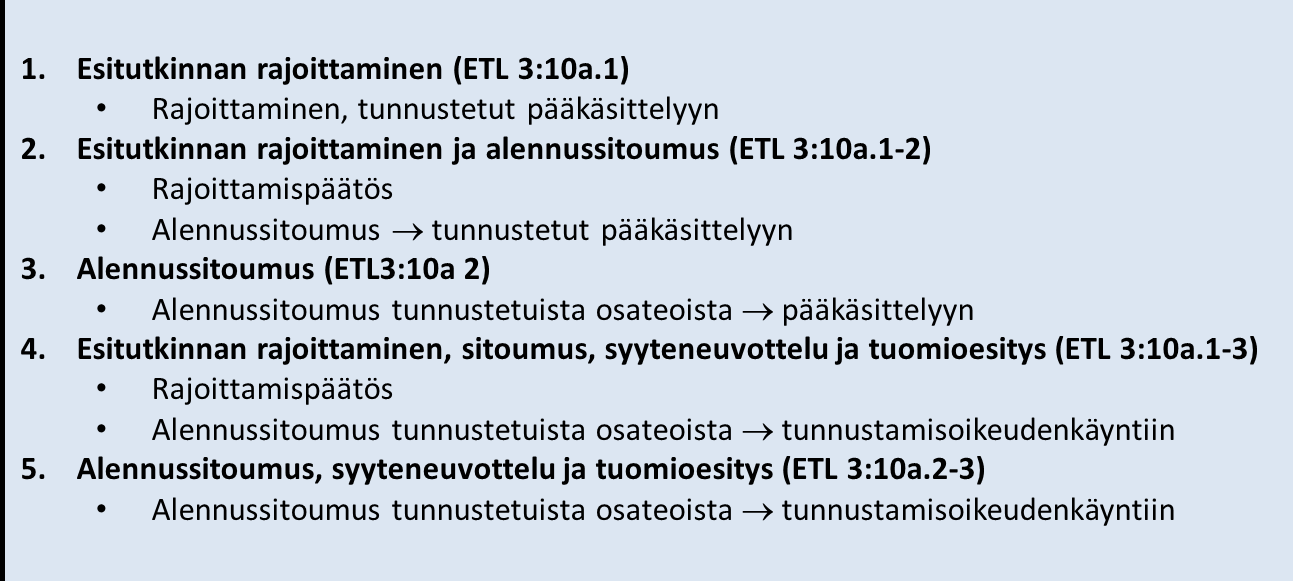 17 3 TUNNUSTAMISMENETTELYN VAIHEET 3.1 Esitutkinta Tunnustamismenettelyä voidaan hyödyntää jo esitutkinnassa. Esitutkinnan rajoittamisesta säädetään esitutkintalaissa.