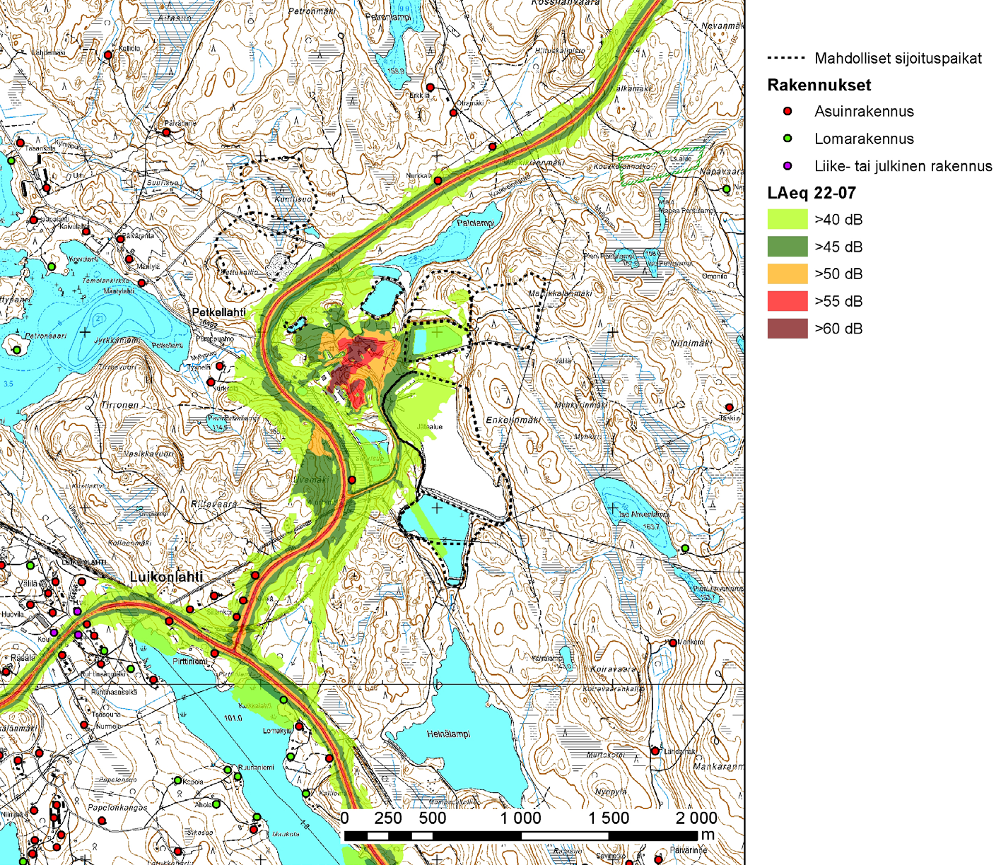 häiriintyvissä kohteissa. Kuva 8-16. Melun leviäminen vaihtoehdossa VE1 ja VE2 päiväaikaan, kun rakentaminen tapahtuu Kettukallion alueella.