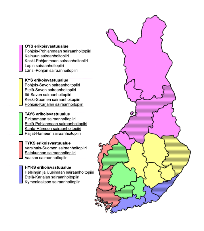 10 Kuvio 1. Erityisvastuualueet ja sairaanhoitopiirit. Opinnäytetyöhön valitut sairaanhoitopiirit on alleviivattu ja merkitty karttaan vaakaviivoituksella.