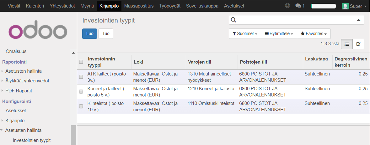 2 Investoinnin tyyppien määrittely Investointien tyyppien määrittely tehdään Kirjapidon asetusten