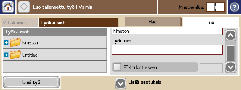 Valitse Työn nimi ja kirjoita työn nimi. Valitse OK.