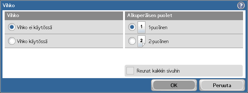 Vihkotulostus Aseta alkuperäiskappale asiakirjansyöttölaitteeseen etupuoli ylöspäin tai lasille etupuoli alaspäin. Valitse Vihko. Voit muuttaa kopiomäärää numeronäppäimistöllä. Valitse Kopio.