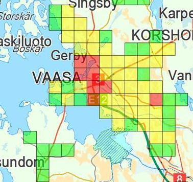 55 5.2 Riskialueet 5.2.1 Vaasan riskialuejakauma Kuva 11. Vaasan kaupungin riskialuejakauma. Vaasassa on kuvan 11 perusteella kaikkiaan kahdeksan I-riskiluokan aluetta.