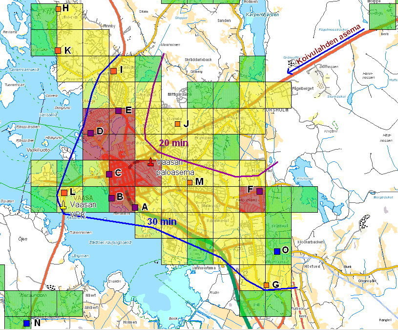 69 Kuva 25. Koivulahden aseman säiliöauton tavoittama alue. Kuvan 25 mukaan Koivulahden asemalta ei tavoiteta yhtään I-riskialuetta tavoitteellisessa 20 minuutissa.