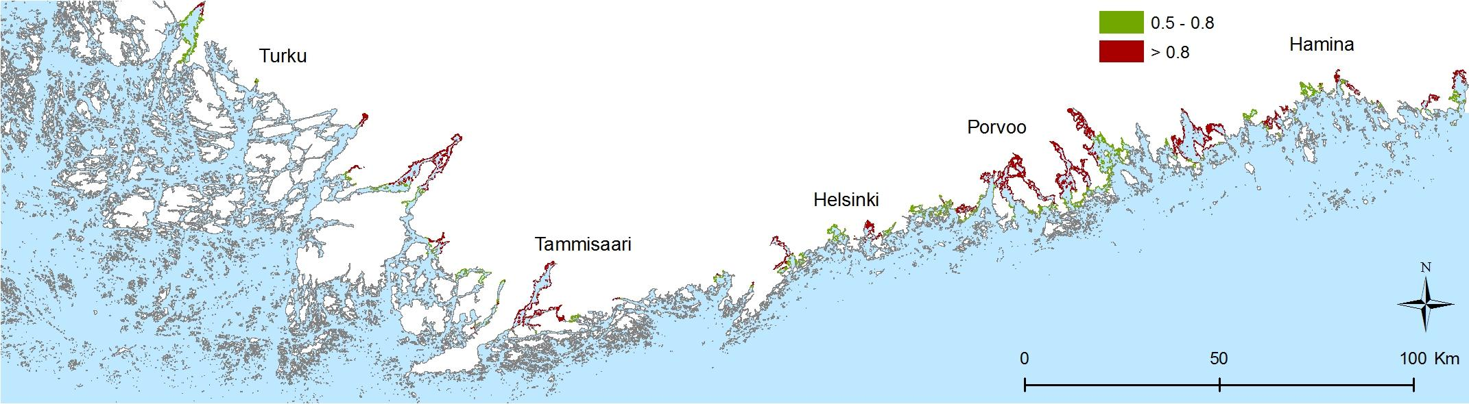 Saavutettu / Mallinnetut lisääntymisaluekartat Toimivat mallinnusmenetelmät (hauki, kuha, särki),