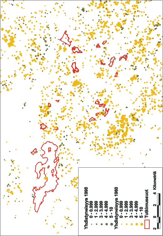 Kuva 4. Yhdistyneisyyden muutos tutkimusalueella vuosien 1960 (keltainen) ja 1998 (vihreä) välillä.