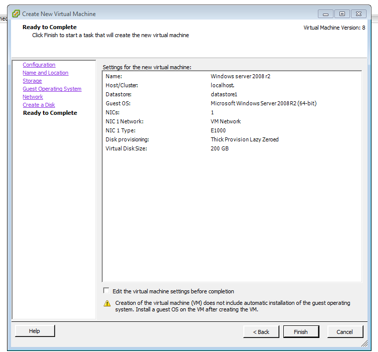 VMware vsphere client -yhteenveto Kun virtuaalikoneen asetukset