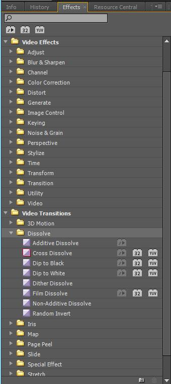 14 Kuva 3. Adobe Premiere Pro CS5 -editointiohjelman efektivalikoima (14). Efektejä käytetään siirtymiin, värimäärittelyn ja kuvan muokkaukseen liittyen.