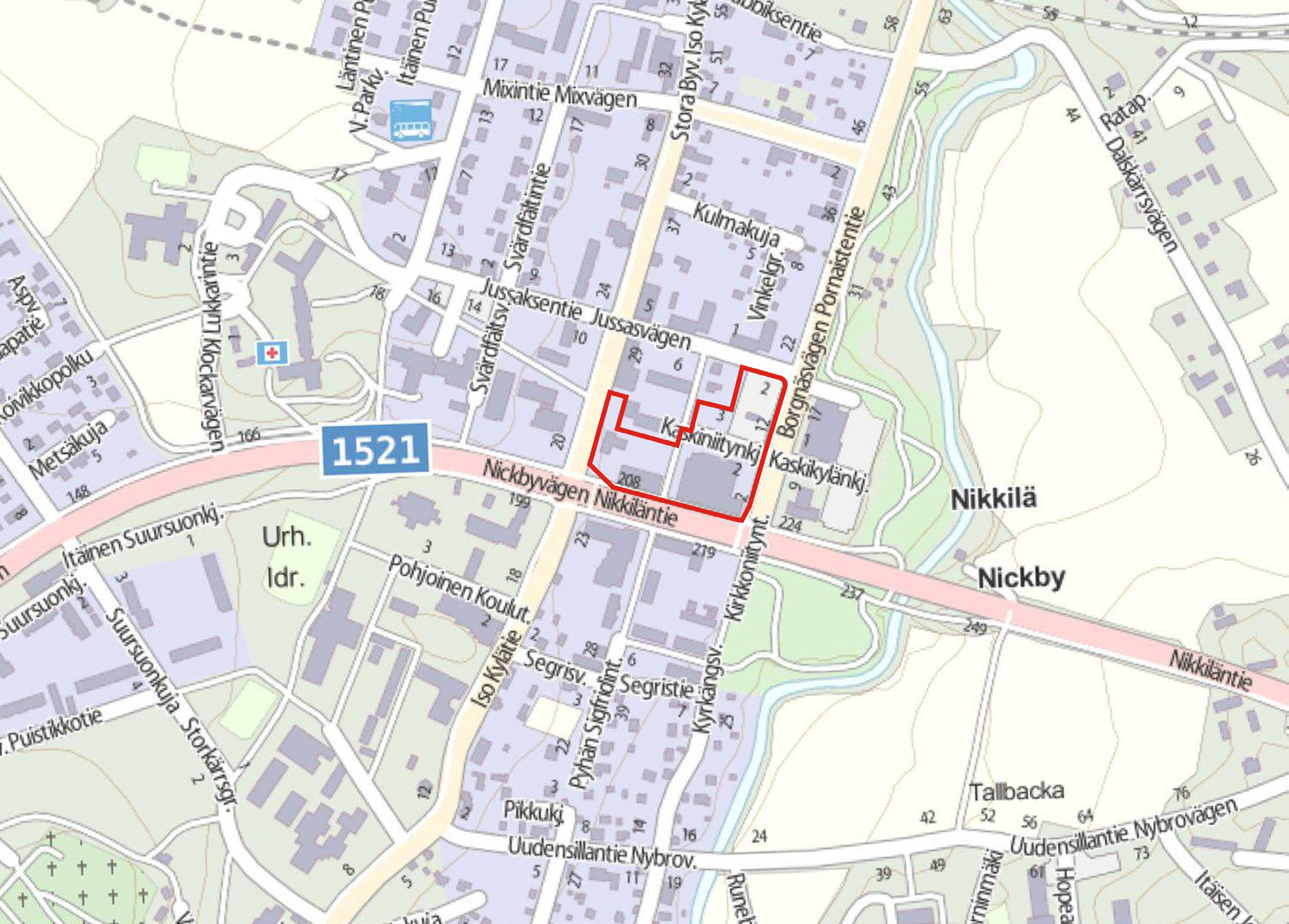 Kaava-alue meritty punaisella nuolella ilmauvaan.
