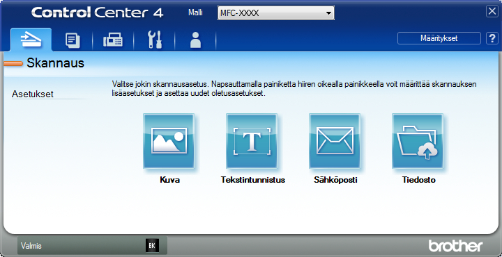 Napsauta Käynnistä > Kaikki ohjelmat > Brother > Brother Utilities ja napsauta sitten pudotusluetteloa ja valitse mallin nimi (mikäli se ei ole vielä