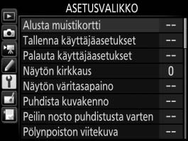 B Asetusvalikko: kameran asetukset Näytä asetusvalikko painamalla G ja valitsemalla B (asetusvalikko) -välilehti.