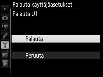 5 Tallenna käyttäjäasetukset. Korosta Tallenna asetukset ja paina J tallentaaksesi vaiheissa 1 ja 2 valitut asetukset vaiheessa 4 valittuun tilanvalitsimen asentoon.