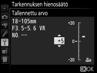 Tarkennuksen hienosäätö G-painike B asetusvalikko Hienosäädä enintään 12 objektiivityypin tarkennusta.