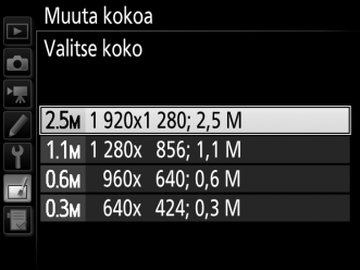 3 Valitse koko. Korosta Valitse koko ja paina 2. Oikealla olevat asetukset tulevat näkyviin; korosta asetus ja paina J.