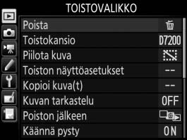 D Toistovalikko: kuvien hallinta Näytä toistovalikko painamalla G ja valitsemalla D (toistovalikko) -välilehti.