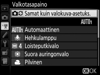 Valkotasapaino G-painike 1 elokuvausvalikko Valitse elokuvien valkotasapaino (0 39). Valitse Samat kuin valokuva-asetuks.