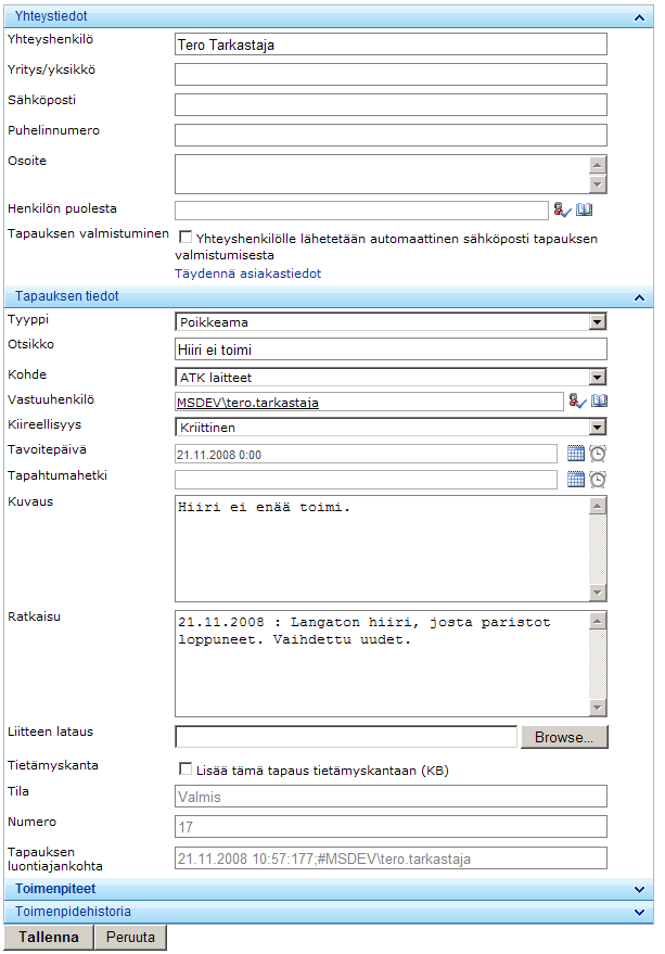 33 Kuvio 8. Metatietolomake (Deviations Laatupoikkeamaohjelmisto, 2009) Metatietolomakkeen käytännön toteutuksessa hyödynnettiin Web Parts tekniikkaa. Web Part on itsenäinen komponentti ASP.