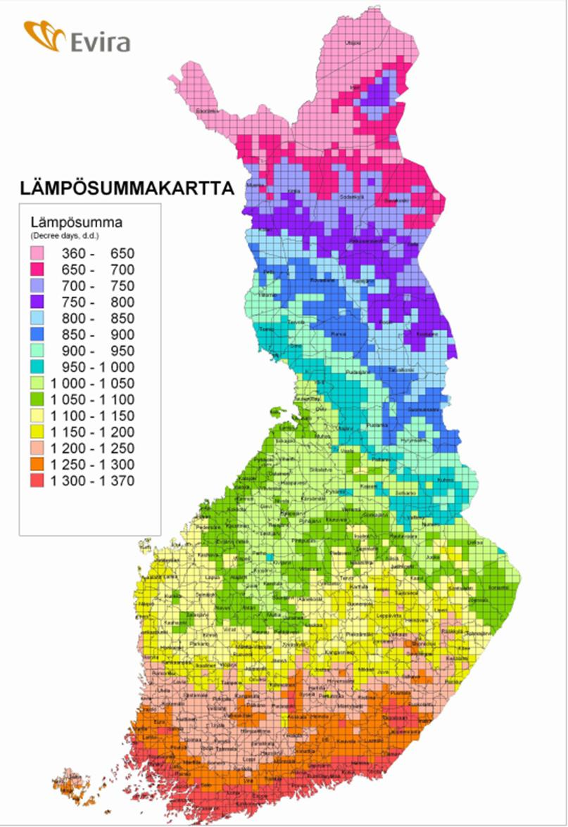 Liite 2. Lämpösummakartta. Lähde: Evira 2015. http://www.evira.