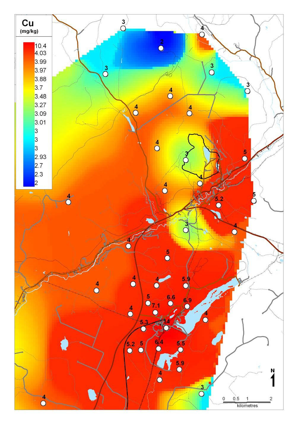 Kuva 1-5-8. Sammalen kuparipitoisuuksien levinneisyysjakaumaa osoittava kartta (Pöyry Environment Oy 28b).