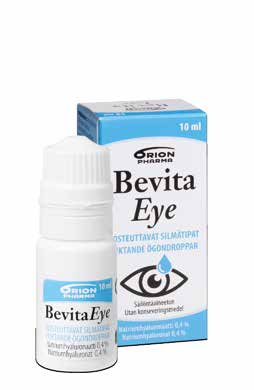 15,80 (1580,00/l) BevitaEye BevitaEye on säilöntäaineeton silmätippaliuos, joka sisältää 0,4 % natriumhyaluronaattia. Sillä on optimaalisesti silmää voitelevat, kosteuttavat ja suojaavat ominaisuudet.