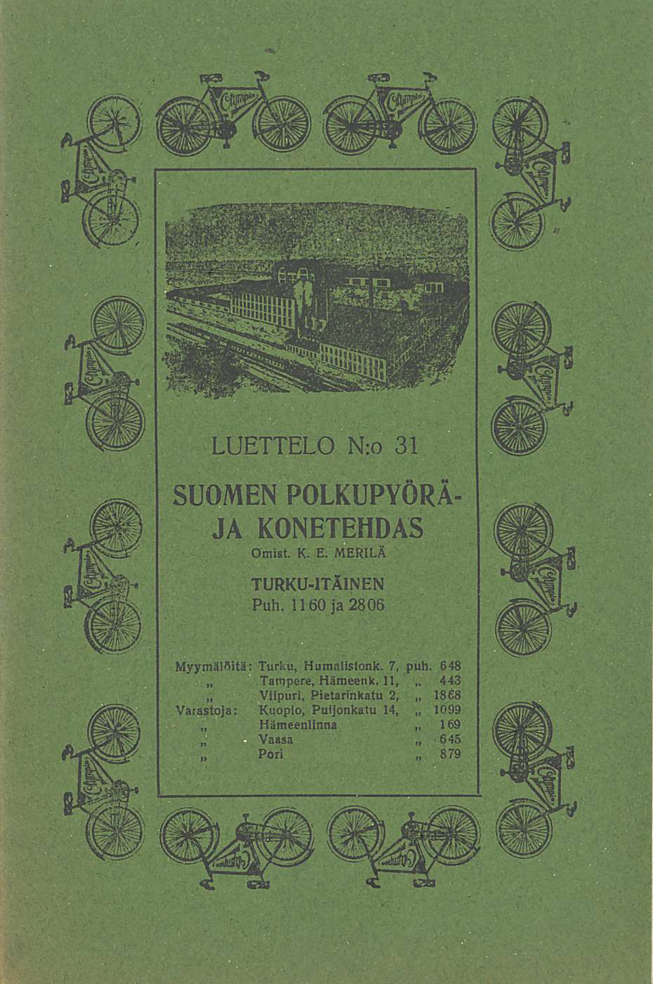 Hämeenlinna Vaasa Viipuri, LUETTELO N:o 31. SUOMEN POLKUPYÖRÄ- JA KONETEHDAS Omist, K. E. MERILÄ TURKUI-ITÄINEN Puh.