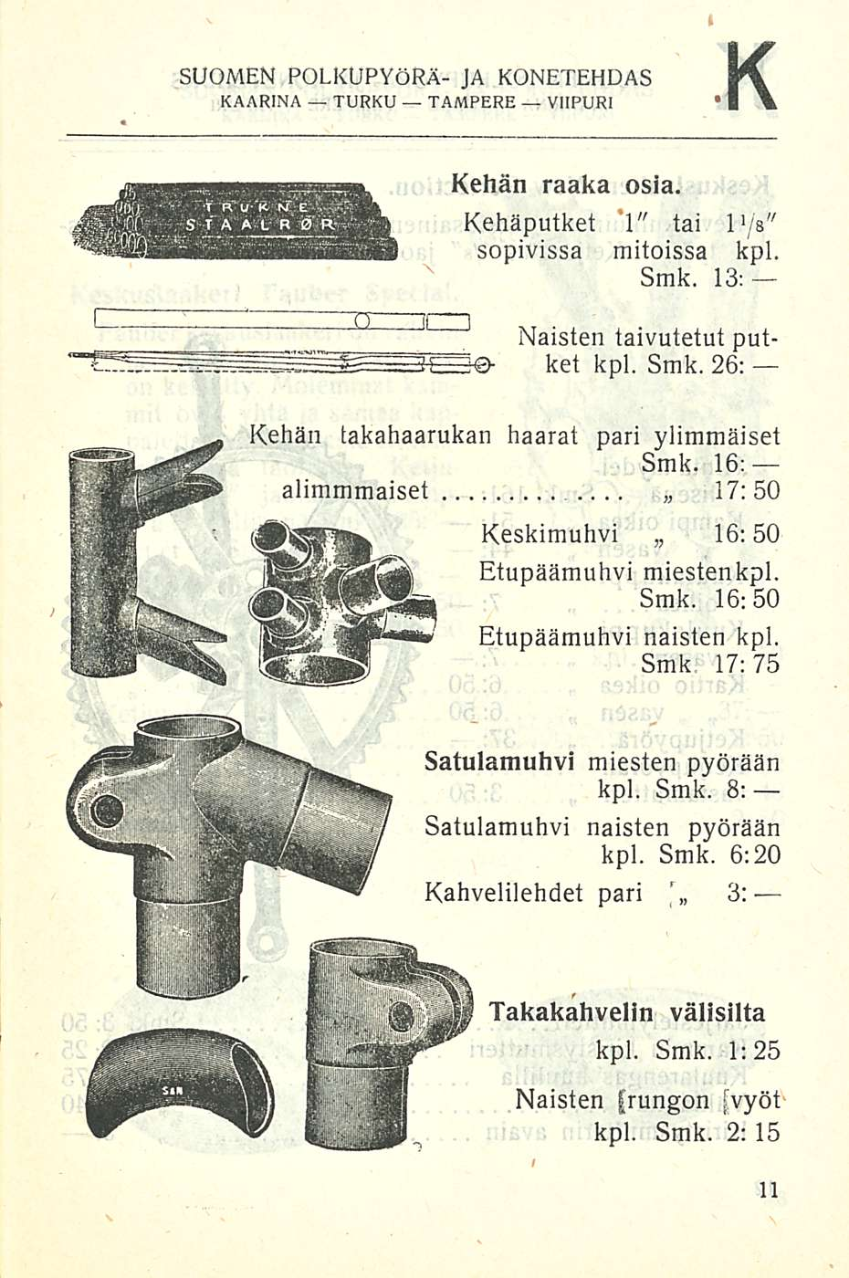 K SUOMEN POLKUPYÖRÄ- JA KONETEHDAS Kehän raaka osia. Kehäputket 1" tai 1 1 s" sopivissa mitoissa kpl. Smk.