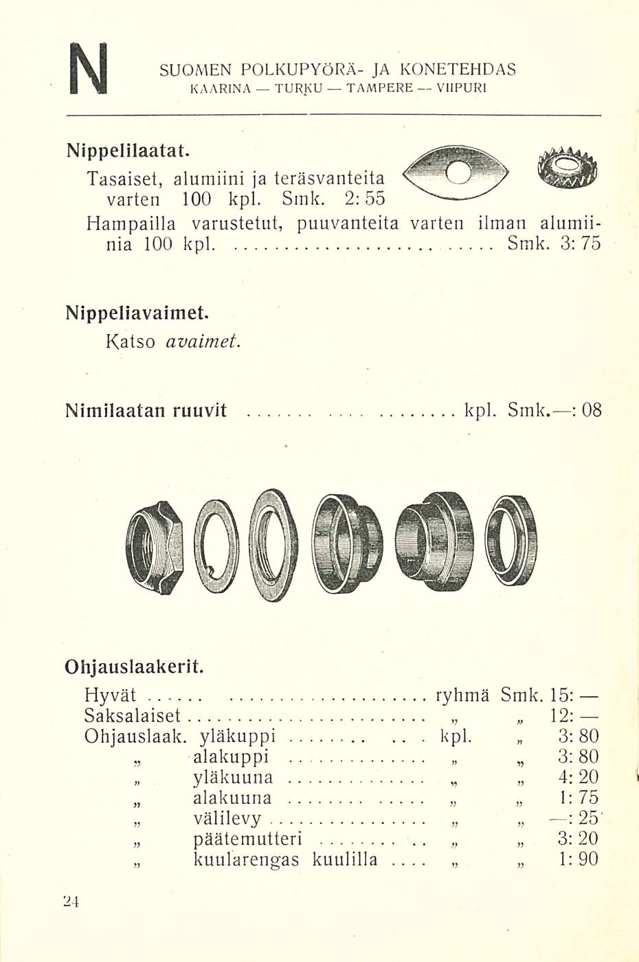 yläkuuna N SUOMEN POLKUPYÖRÄ- JA KONETEHDAS Nippelilaatat. Tasaiset, alumiini ja teräsvanteita varten 100 kpl. Smk. 2:55 Hampailla varustetut, puuvanteita varten ilman alumiinia 100 kpl Smk.