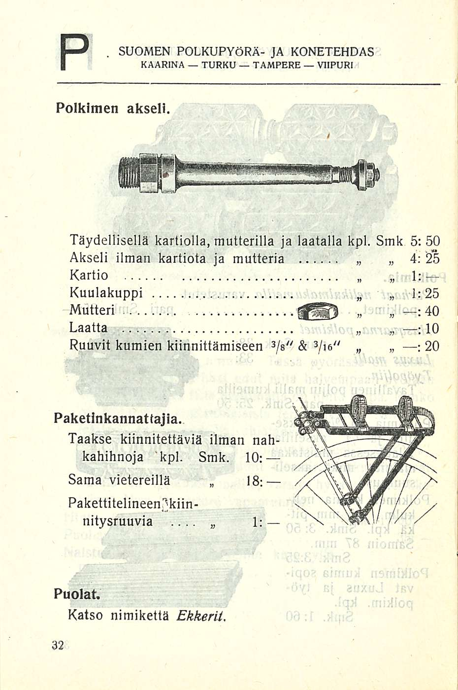 P SUOMEN POLKUPYÖRÄ- JA KONETEHDAS Polkimen akseli. Kuulakuppi Täydellisellä kartiolla, mutterilla ja laatalla kpl.