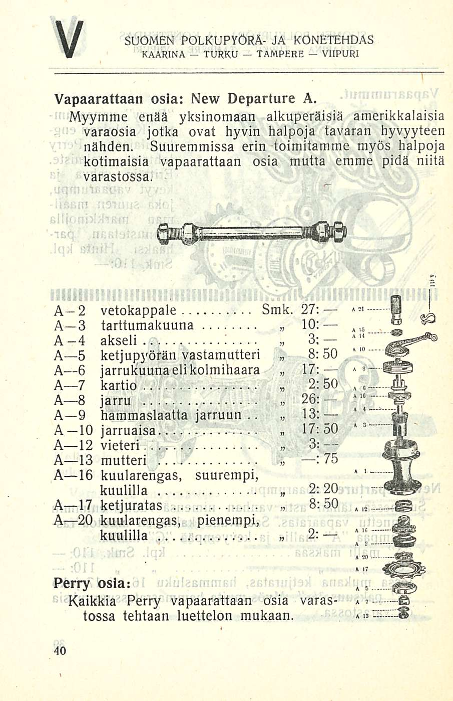 V SUOMEN POLKUPYÖRÄ- JA KONETEHDAS Vapaarattaan osia: New Departure A. Myymme enää yksinomaan alkuperäisiä amerikkalaisia varaosia jotka ovat hyvin halpoja tavaran hyvyyteen nähden.