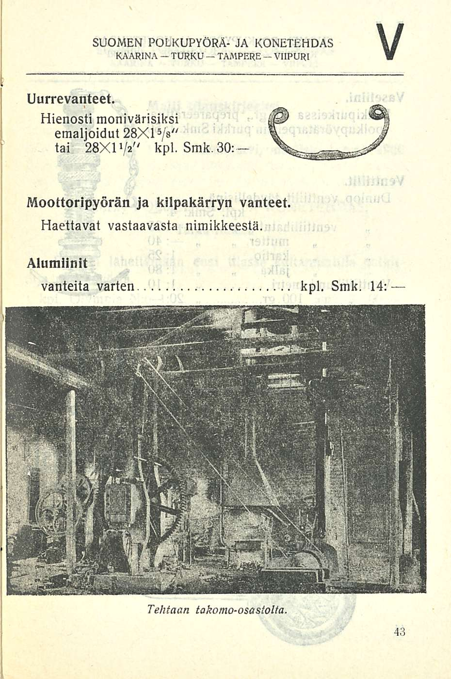 TURKU V SUOMEN POLKUPYÖRÄ- JA KONETEHDAS - KAARINA TAMPERE VIIPURI Uurrevanteet. Hienosti monivärisiksi emaljoidut 28X1 5 /s" tai 28X1»/*" kpl.