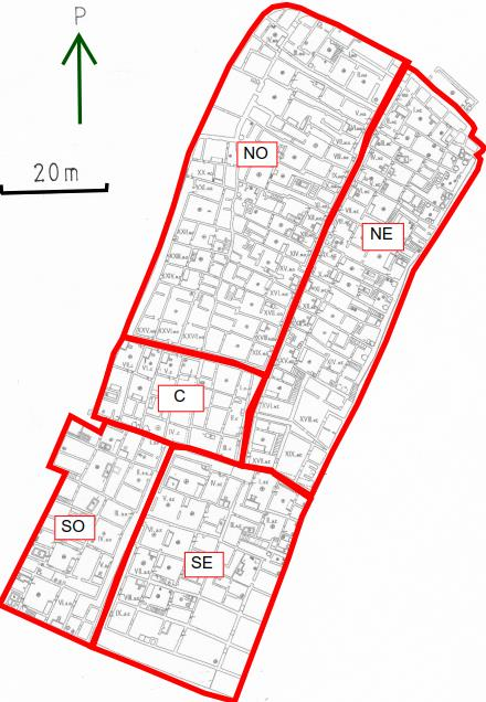 Kuva 8. Deir el-medinan alueet Bruyèren määrittäminä Ryhmittelemällä seiniä tutkitaan materiaalien käyttöä kylän eri aikoina (sikäli kun ajoitustietoja on) rakennetuilla alueilla.