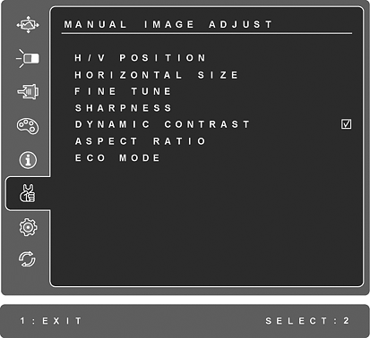 Säädin Kuvaus Manual Image Adjust (Manuaalinen kuvan säätö) näyttää manuaalisen kuvansäädön valikon. H./V.