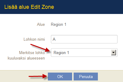 Lisää alue muuta lohkoa -sivulla klikkaa Merkitse lohko alueeseen pudotusvalikosta. Valitse uusi alue pudotusvalikosta.