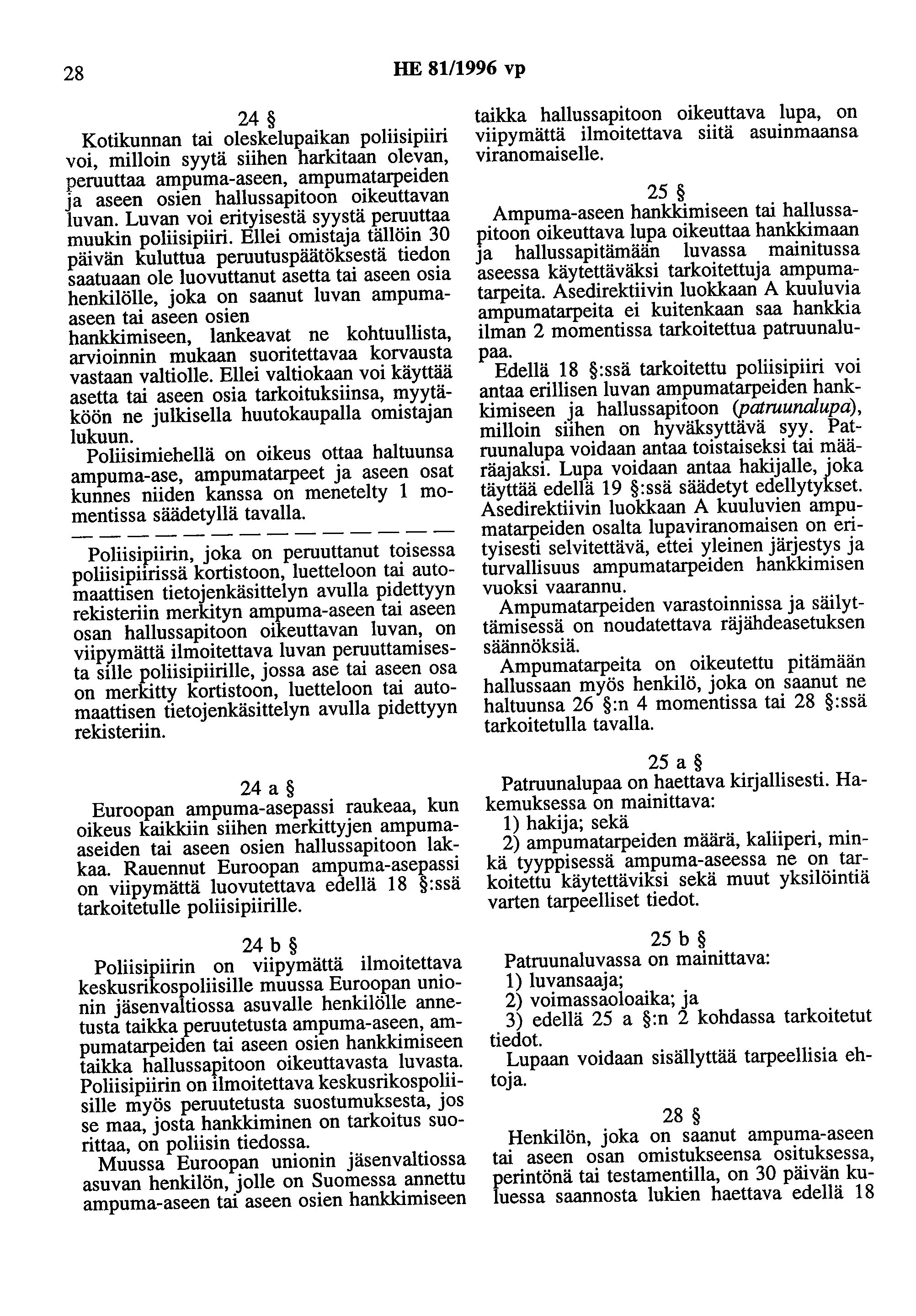 28 HE 81/1996 vp 24 Kotikunnan tai oleskelupaikan poliisipiiri voi, milloin syytä siihen harkitaan olevan, peruuttaa ampuma-aseen, ampumatarpeiden ja aseen osien hallussapitoon oikeuttavan luvan.