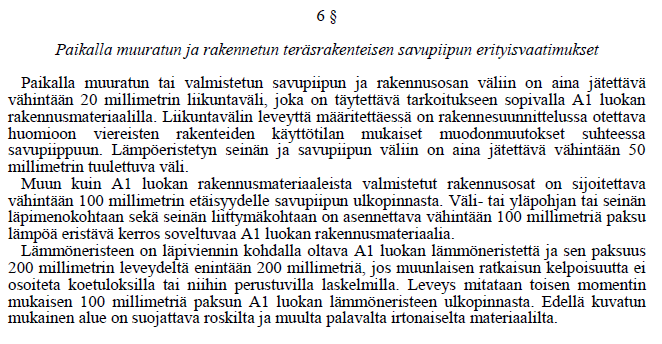 14 Asetuksen 6 Savuhormin tulee olla paloturvallisuuden ja terveyden kannalta riittävän tiivis.