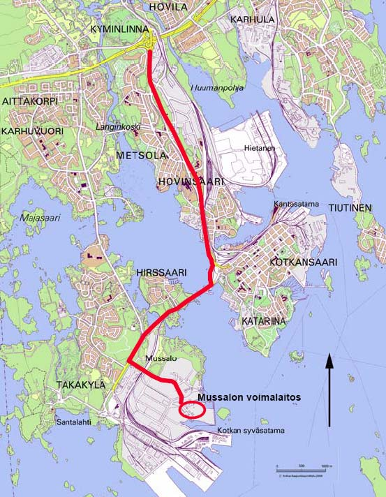 Ympäristövaikutusten arviointiohjelma, Mussalo 35 (52) Kuva 12. Ajoreitti Mussalon voimalaitokselle ja Kotkan edustan laivaväyliä.