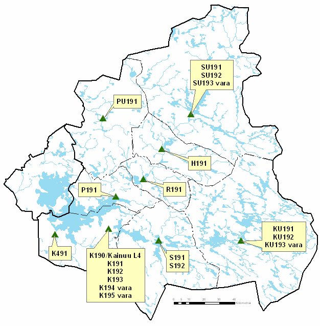 KUVIO 4. Ensihoitoyksiköiden sijoittuminen Kainuun alueelle 2011 (Ilmaiset aineistot, MML 2011) Kainuun maakunta kuntayhtymän ensihoidon kenttäjohtajana (Kainuu L4) toimii Kajaani 190:n hoitaja.