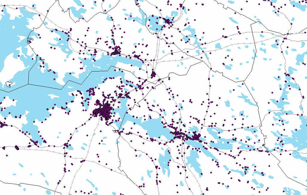 KUVIO 8. Paikannettuja ensihoitotehtäviä (Ensihoidon tietokanta 2009; Ilmaiset aineistot 2011, MML) 5.3.