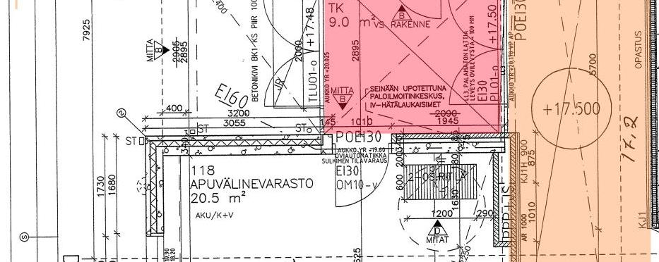 aulanvalaistus säätyy 200 luksiin. Kuva 18. Palvelutalon pääsisäänkäynti. Tuulikaappi väritetty punaisella ja aula sekä portaikko väritetty oranssilla.