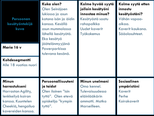 Persoonalla on nimi, ikä, sukupuoli, taidot, päämäärät ja persoonallisuus.
