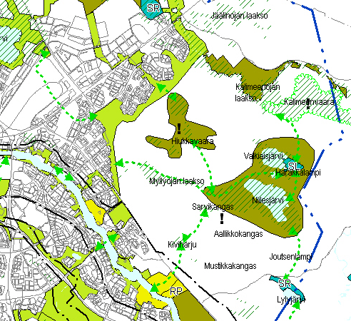 4.2 Viherverkosto Oulun viher- ja virkistysaluesuunnitelmassa vuodelta 2000 Hiukkavaaran alueelle on merkitty useita laajoja maisema-alueita, joiden suunnittelussa ympäristöarvot on otettava huomioon.