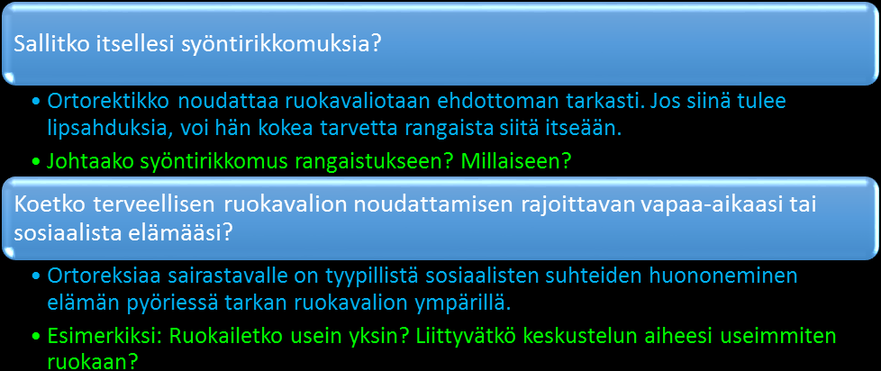 Liite 2 1(2) Ortoreksian hoito ja parantuminen Hoito: Läheisten tuki tieto syömishäiriöistä, sairastuneen kanssa keskusteleminen, rakkauden ja arvostuksen osoitus Ravitsemushoito Ravitsemusterapeutti