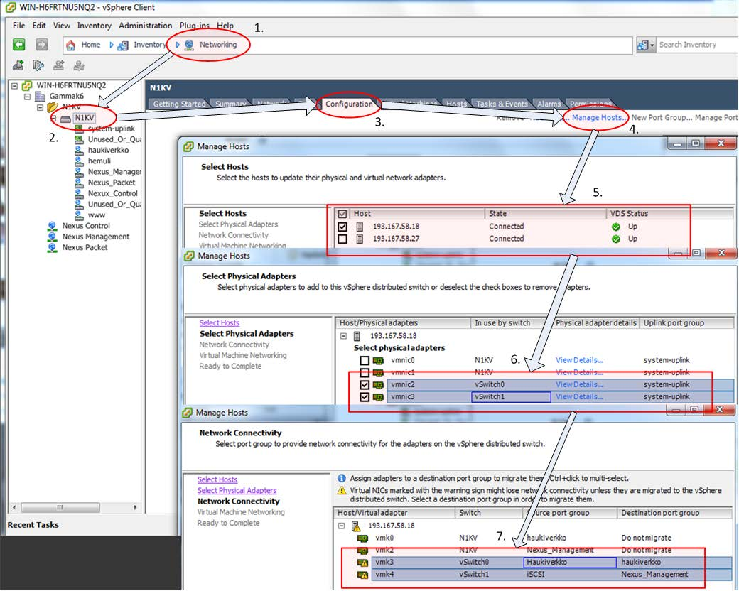 43 Kuva 17. vds-kytkimen migraatio Avataan kuvan esittämää toimintajärjestystä. 1. Valitaan vcenterin hallintanäkymistä verkkoja käsittelevä hallintanäkymä. 2.